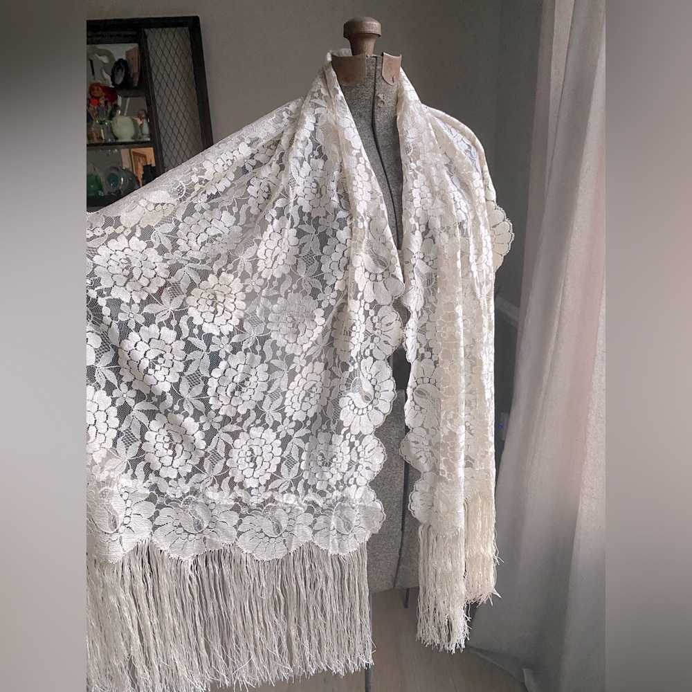 Elegant Vintage 70s Floral Lace Scarf/Shawl with fringe. Boho. Stevie Nicks